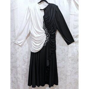 VTG 90s Ruched Black White Color Block Long Sleeve Gown 22W Elegant Evening Prom